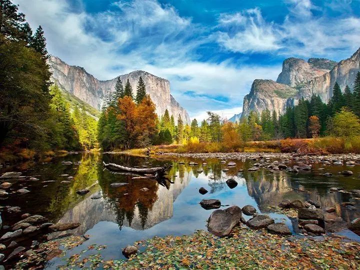 El Capitan und Merced River im Yosemite-Nationalpark in den Herbstfarben