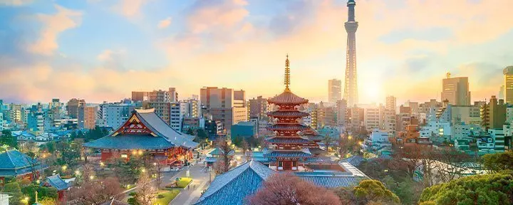 Skyline von Tokio mit Tempeln und Hochhäusern