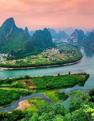 Landscape of Guilin, Li River and Karst mountains.